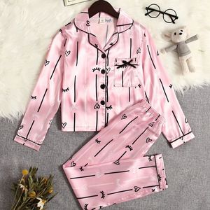 Spring Kids 2Pcs Sleepwear Solid Sweet Mock Silk Long Sleeve Two Piece Pajama with Valentine Heart Print Girls Pyjamas Nightwear 240408