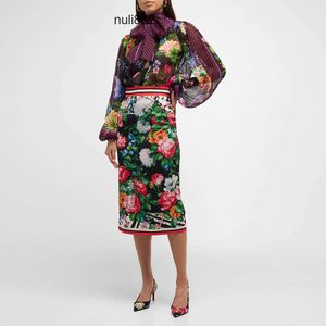 Two piece dress European Fashion band Black silk floral print high neck long sleeved top pencil skirt set
