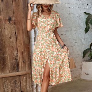 Summer Retro Women Floral V Szyjka Środkowa Długość Podziel linia sukienki z krótkim rękawem