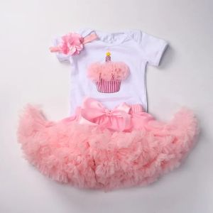 Set Baby Girl Tutu Dress Set My 1ost Birthday Toddler Romper Tops + Tulle kjol Party Infant Print Clothing Nyfödda klänningar