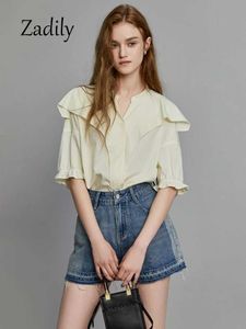 Women's T-Shirt Office Lady Short Sleeve Ruffles Women Cotton Shirt 2024 Summer Button Up Loose Work Shirts Solid Color Blouse Female Clothing 240423