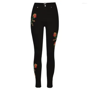 Jeans femininos Spring Autumn Moda Rose Bordada Mulheres Lápis Skinny Black High Waist Denim Pants