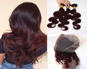 360 spets front med buntar Two Tone Dip Dye Bourgogne 99J Body Wave Ombre Human Hair Weaves Stängning9919566