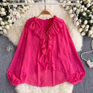 Blouses feminina Summer Summer V Ruffles Irregular Chiffon camisas