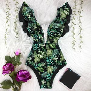 2024 Arrival Ruffle Swimwear VNeck Shoulder Swimsuit Women Floral Printed Tropical Summer Beach Bathing Suit 240417