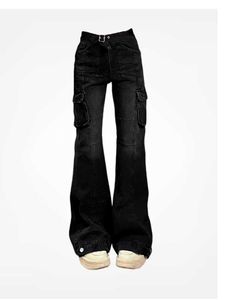 Женские джинсы High Street Office Lady Black Flare Jeans Slim Bell Bottoms Gyaru Fashion Denim Брюки множество карманов 2000 -х годов Американский ретро 240423