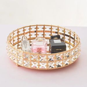 Strands Round Crystal Jewelry Tray Holder Cosmetic Perfume Organizer for Earrings Necklace Pendant Bracelet Ring Organizer Bathroom Gold