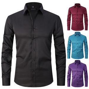 Stor storlek S-8xl Mens Casual skjortor Solid Color Stretch Shirt Män långärmad Fashion Shirt Slim Top Black White Wine Röda polyester toppar andningsbara kläder