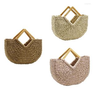 Totes fyrkantig trähandtag Half Moon Straw Tote Bag Women Designer stor kapacitet Vävt strand damer Böhmen Handväska