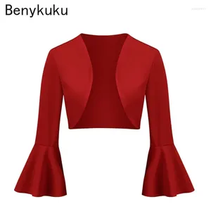 Women's Jackets Vintage Flare Sleeve Open Front Bolero Solid Red Black Coats For Womens 2024 Women Coat Outerwear Casual Slim Cropped Jacket