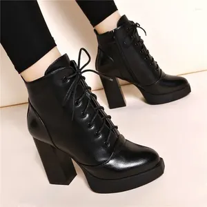 Boots Women Ankle PU Leather Lace Up Booties High Heels Autumn Shoes Black Winter Add Velvet Keep Warm Pointed Toe