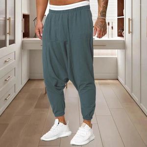 Herrbyxor mode bomullslinne män solast elastiska midja streetwear joggers baggy drop crotch casual byxor