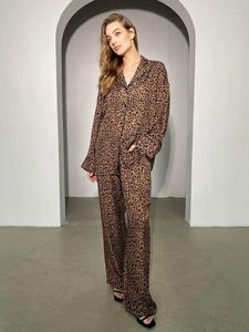 Women's Sleepwear Hiloc Leopard Print Pajamas Set Turn Down Collar Long Sleeves Women Sets Single-Breasted In Matching Winter