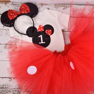 Setler Bebek Kız Kırmızı Fare Doğum Günü Tutu Kıyafet Polka Dotları 1. Doğum Günü Partisi Tutu Kostüm Bebek Duş Tutu Etek Onesies Head Band Set