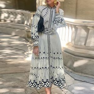 رجعية أنيقة طوق الطوق الطويل dres spring print print buckle party dress فستان الخريف ألين بوهو 240419