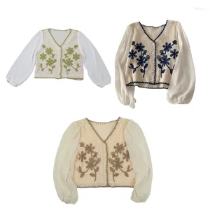 Kvinnors stickor Spring Crochet Stick Cardigan för kvinnor V-Neck Puff Long Sleeve Brodery Floral Jacket Retro Button Down Knitwear C
