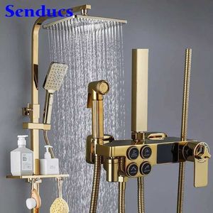 Bathroom Shower Sets Digital Bathroom Shower Set Modern Gold Thermostatic Shower System Hot and Cold Bathroom Faucet Gold Digital Bathroom Shower Set T240422