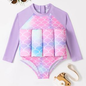 Stroje kąpielowe Dziecięce płynęce kąpielowe długi rękaw Onepiece fioletowe syrena dziewczyny Swimsut Summer Baby Swimodwear Kiosy Swime Surfwear