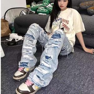 Pantaloni da donna jeans capris strappato da donna y2k streetwear impilato buca vintage casual designer originale designer caddie ampio nuovo kpop grunge denim