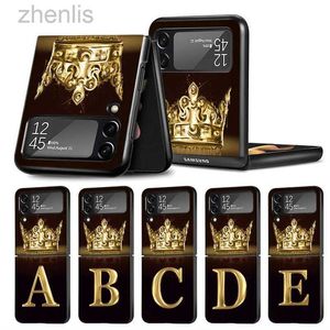 Cell Phone Cases Black PC Hard Case For Samsung Galaxy Z Flip 4 3 5G Funda ZFlip4 Luxury Shockproof Back Phone Coque Fashion Crown Letter d240424