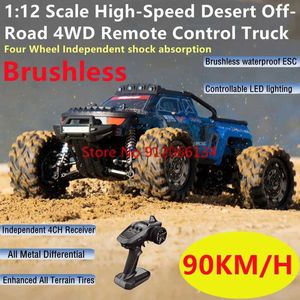 Electric/RC Car Professional Desert 90 km/h höghastighetsoffer 4WD RC Truck 1 12 Brushless stötdämpare Kontrollerbar ljusradiokontrollbil 240424