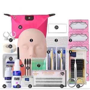 False Eyelash Extension Training Kit Practice Model Head Eye Pads Tweezers Glue Ring Brush Grafting Eyelash Tools Kit 240423