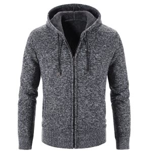 Moletons masculinos outono inverno inverno quente grossa forrada com capuz com capuz slim fit zip up casaco casaco moletom malhas de malha sólida suéteres