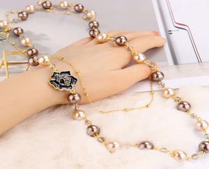 Fashion Brand Design Long Simulated Pearl Necklace For Women Camellia Double Layer pendant long necklace Party jewelry9514710