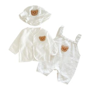 Enstycken sommar baby muslinkläder set tecknad björn spädbarn romper hatt kappa mjuk bomull andas jumpsuit för pojkar flickor 03 år gammal