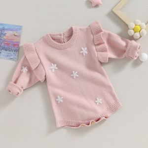 Sweaters Cute Knitted Sweater For Baby Girl Clothes Romper Princess Floral Ruffle Long Sleeve Jumpsuit for Newborn Infant Winter Bodysuit