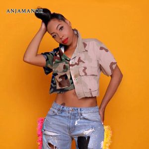 Shirt Anjamanor Patchwork Camouflage Print Crop Top Women Streetwear Fashion Button Up Shirts Short Sleeve Cardigan D82DE22