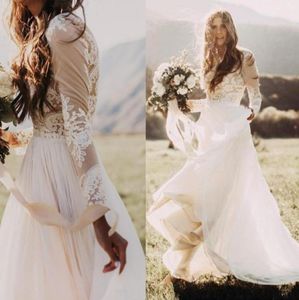 Bohemian Country Wedding Dresses With Sheer Long Sleeves Bateau Neck A Line Lace Applique Chiffon Boho Bridal Gowns Cheap but High3058908