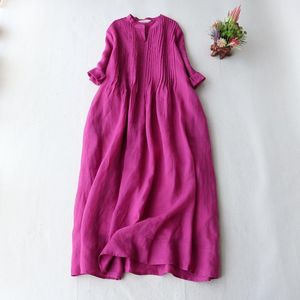 Ramie Dress Womens Small Stand Collar Elegant Organ Pleated 3 4 Sleeve Loose Fairy Beautiful Solid Color Long