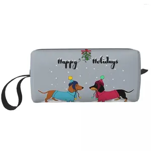 Cosmetic Bags Happy Holidays Christmas Dachshund Sweethearts Travel Bag For Dog Animal Makeup Toiletry Organizer Lady Storage Dopp