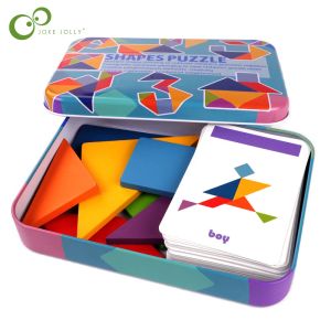 Blockerar järnboxade tangram 3d trämönster pussel pussel barn tidiga pedagogiska leksaker färgglada former pussel montessori leksak ddj