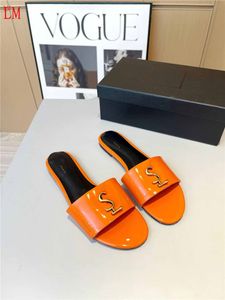 豪華なデザイナーYve Orange Leather Slide Sandal Logo Stitched Hedi Women's Flat Heel Patent Slides Sutout Sandals Shoes Espadrille Slides with Box