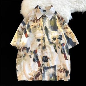 Camisas casuais masculinas 2024 Pintura a óleo abstrata Impressão completa Camisa floral curta de mangas curtas Men e tendência de estilo fino de verão de verão feminino e feminino