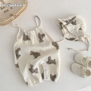 One-Pieces 2023 Neu im Sommer Säugling Neugeborene Mädchen Jungen ärmellose Cartoon Bärenabdruck Outfits Overalls Kinder Baby-Jumpsuits Strampler+Hut