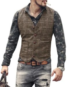 Jaquetas massaceiras coletes homens homens marrom preto colete de colete homem xpear steampunk jaqueta listrada tweed vneck slim fit gilet roupas de casamento