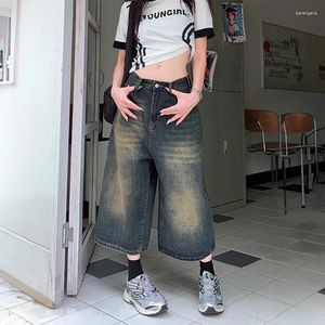 Kvinnors jeans retro blå y2k baggy shorts för kvinnor män amerikanska streetwear lösa casual bred ben knä längd beskuren denim jorts