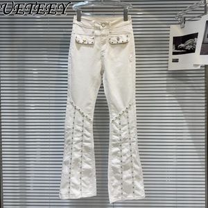 Women's Jeans Streetwear Girl Rhinestone Beaded Design Solid Color Skinny White Women 2024 Summer Stretch Denim Pants Pantalon