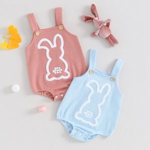 Endelar Spädbarns småbarn pojkar och flickor påsk romper ärmlös knapp ner kanin broderi overaller jumpsuit baby sommarkläder