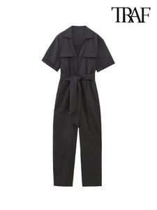 TRAF Women Fashion With Belt Front Zipper Jumpsuits Vintage Short Sleeve Side Pockets Female Playsuits Mujer 240417