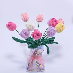 Decorative Flowers Artificial Tulip Romantic Exquisite Knit Rose Fake Flower Decor For Home Table Creative Knitting Bouquet