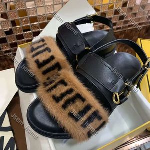 Sandal Ünlü Tasarımcı Kadınlar F Fendily Sandals Kahverengi Mink Kürk Düz Sandalet F Mektup Renkli Slayt Roman Stil Moda Köpük Runner Dair Toka Sırt 755