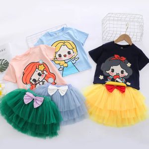 Skjortor barns söta uppsättningar 2023 Summer Girl Cotton Cartoon Shortsleeved Tshirt Net Yarn Princess Kirt Girls Baby Birthday Costume