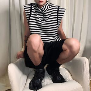 Mens Japanese Striped Casual Vest Genderless Fashion Youth Trend Versatile High Collar Sleeveless Tank Top Unisex 240410