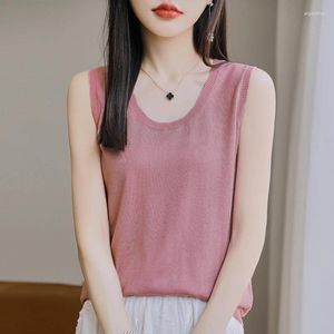 Women's Tanks SZDYQH Summer Silk Tops Fashion O-neck Sleeveless Knit Pullover Spring Soft Comfortable Tank Black Whiter