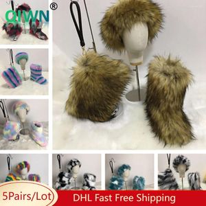 Boots 5Sets Bulk Wholesale Women Plush Snow Bags Headbands 3 Piece Sets Winter Outdoor Keep Warm Round Toes Fluffy Booties 8288