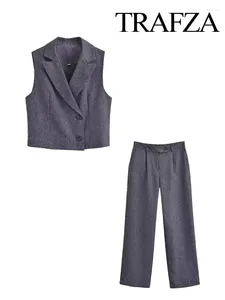 Women's Two Piece Pants TRAFZA Spring Elegant V-neck Blazer Casual Vest High Waist Side Pockets Wide Zipper Trousers 2-piece Set